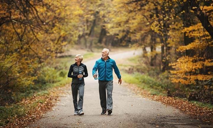 Altes Ehepaar geht im Wald auf einer asphaltierten Strasse