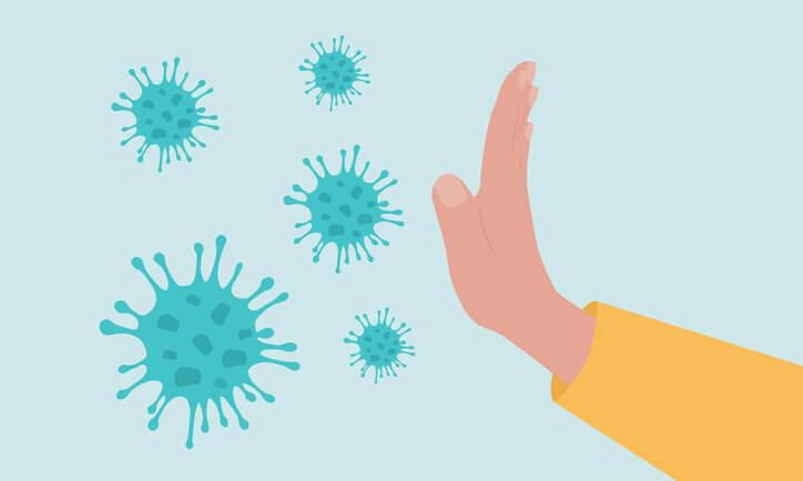 Stop Coronavirus. Side View Of Human Hand Gesturing Stop To Coronavirus Cells.