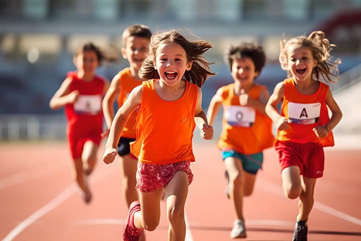 Group of children filled with joy and energy running on athletic track, children healthy active lifestyle concept