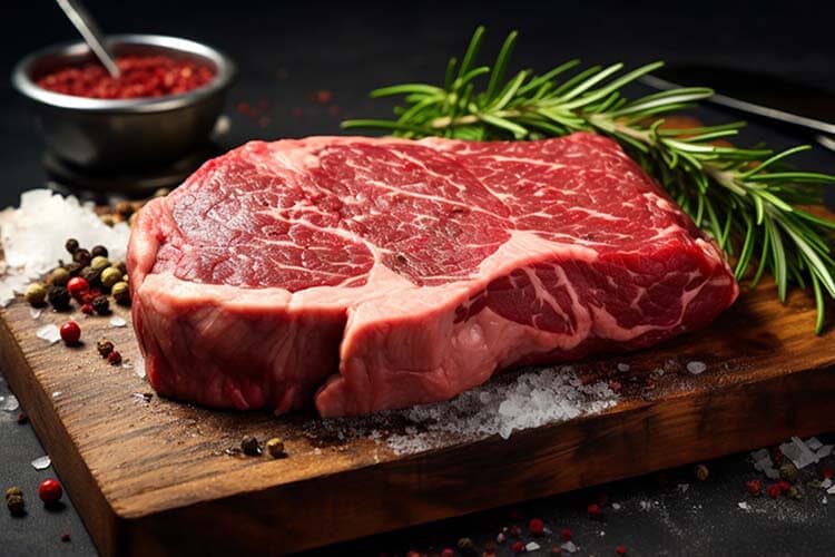 Ein frisches, rohes Stück Steak mit Rosmarin-Zweig auf einem Holzbrettchen.