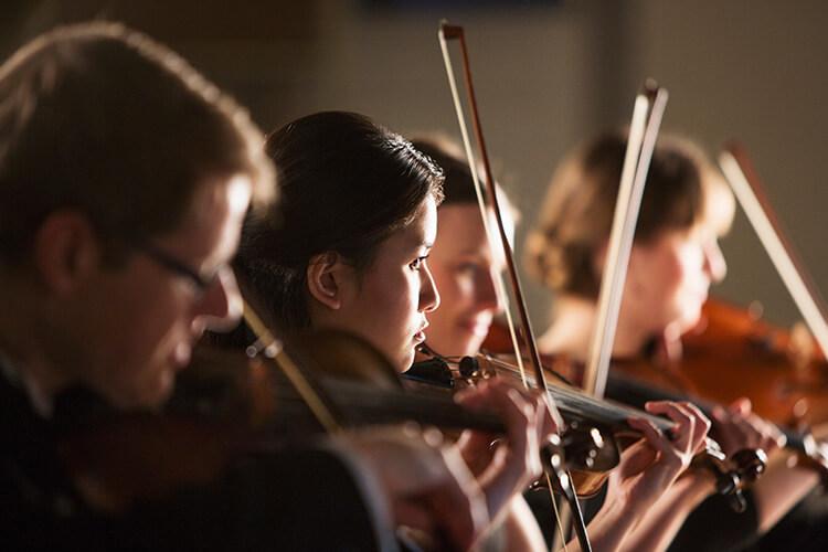 Spielende Violinisten während eines Konzertes.